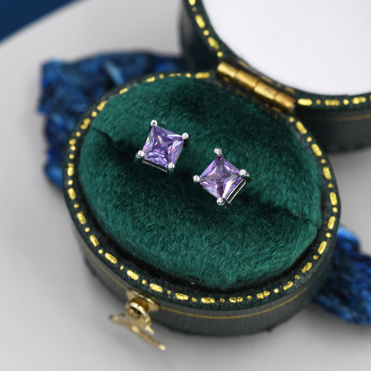 Princess Cut Amethyst Purple Stud Earrings in Sterling Silver, Square Cut Crystal Earrings, Purple CZ, February Birthstone