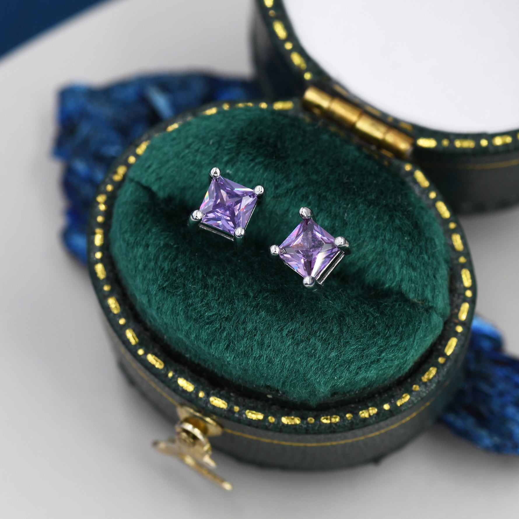 Princess Cut Amethyst Purple Stud Earrings in Sterling Silver, Square Cut Crystal Earrings, Purple CZ, February Birthstone