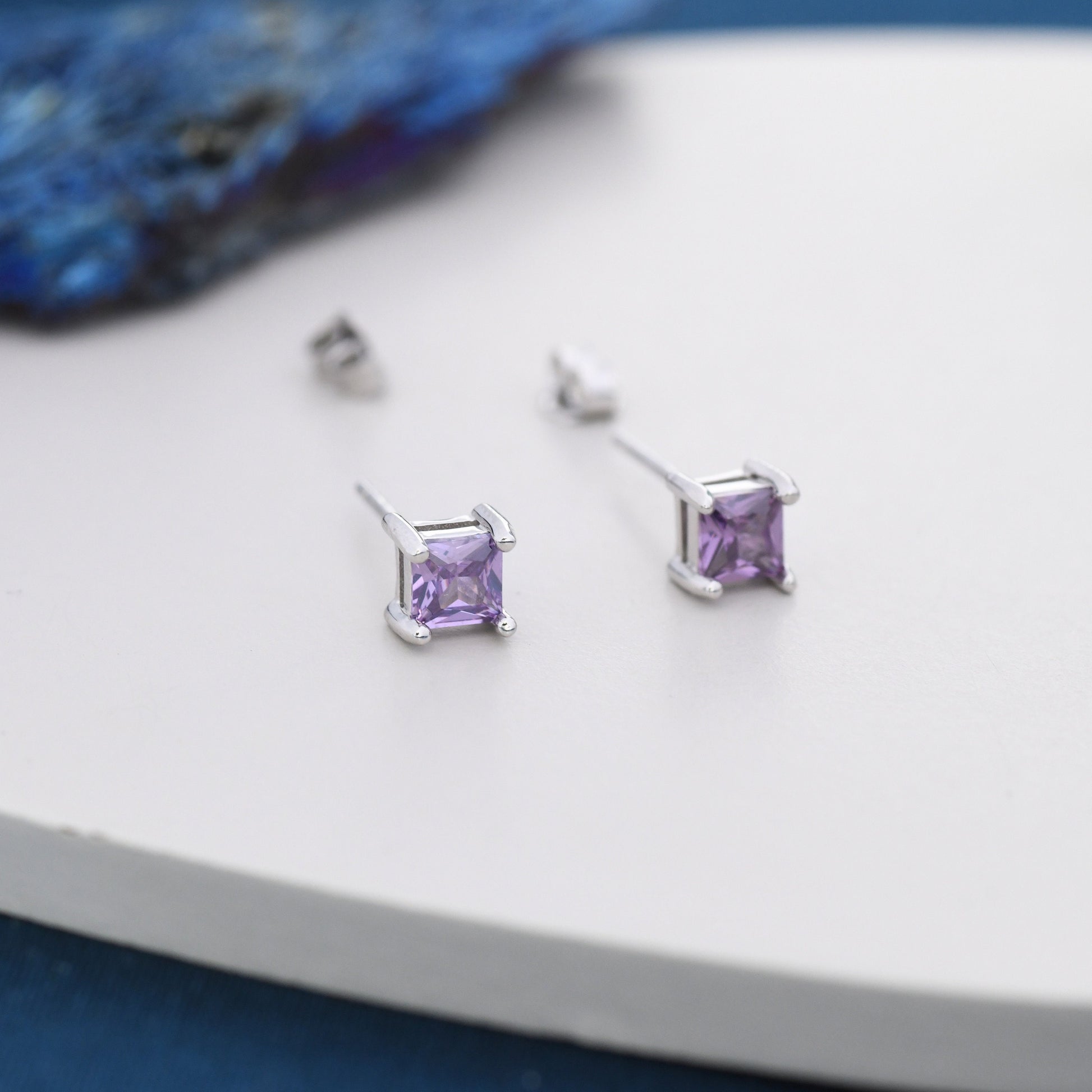 Princess Cut Amethyst Purple Stud Earrings in Sterling Silver, Square Cut Crystal Earrings, Purple CZ, February Birthstone