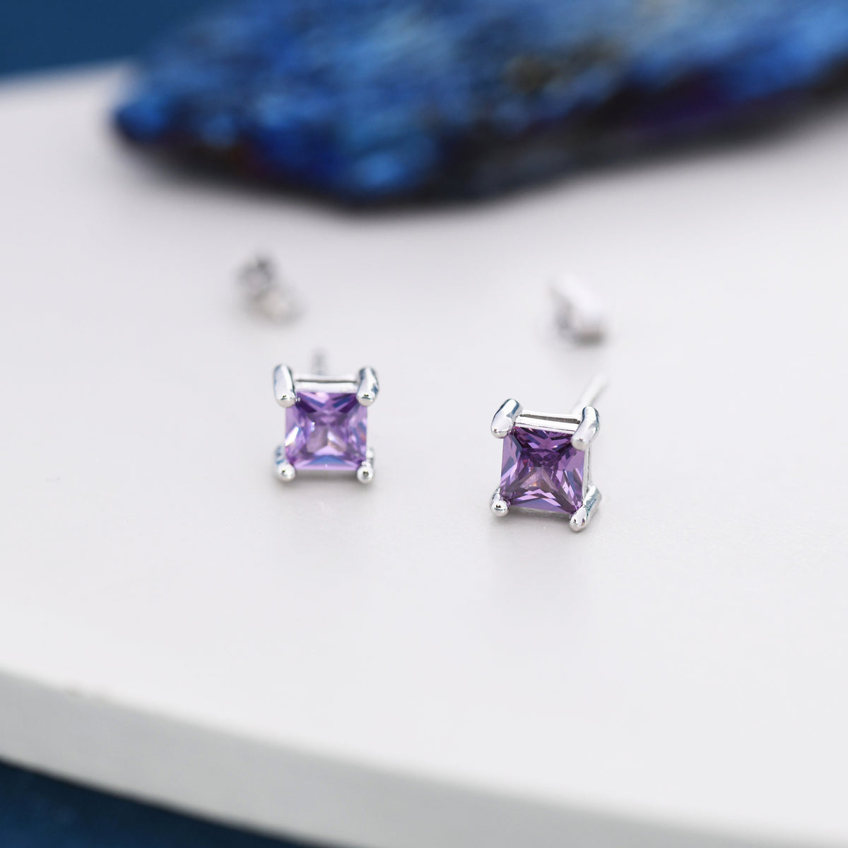 Princess Cut Amethyst Purple Stud Earrings in Sterling Silver, Square Cut Crystal Earrings, Purple CZ, February Birthstone