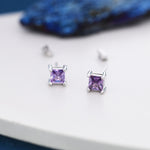 Princess Cut Amethyst Purple Stud Earrings in Sterling Silver, Square Cut Crystal Earrings, Purple CZ, February Birthstone