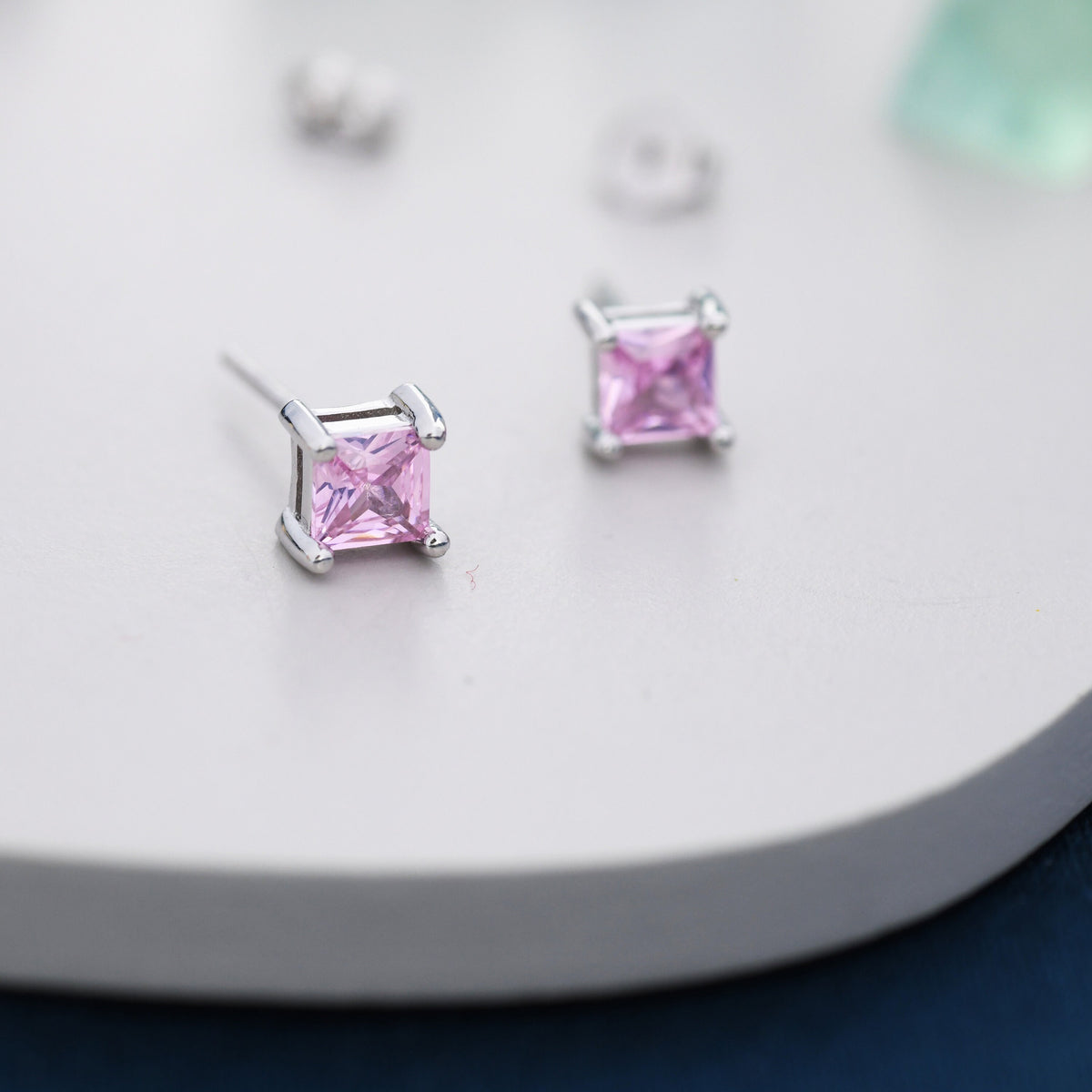 Princess Cut Tourmaline Pink Stud Earrings in Sterling Silver, Square Cut Crystal Earrings, Purple CZ, October Birthstone