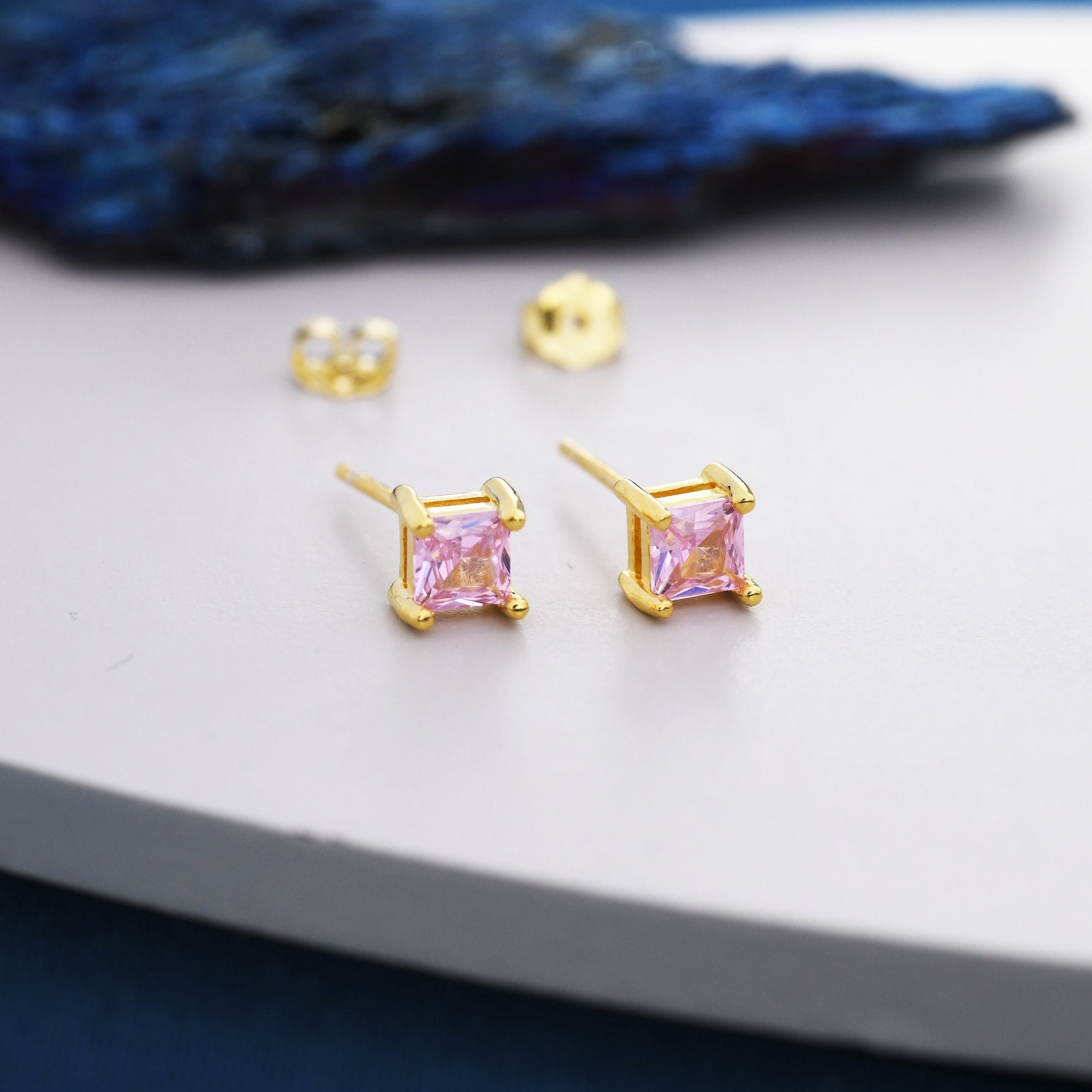 Princess Cut Tourmaline Pink Stud Earrings in Sterling Silver, Square Cut Crystal Earrings, Purple CZ, October Birthstone