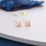 Princess Cut Tourmaline Pink Stud Earrings in Sterling Silver, Square Cut Crystal Earrings, Purple CZ, October Birthstone