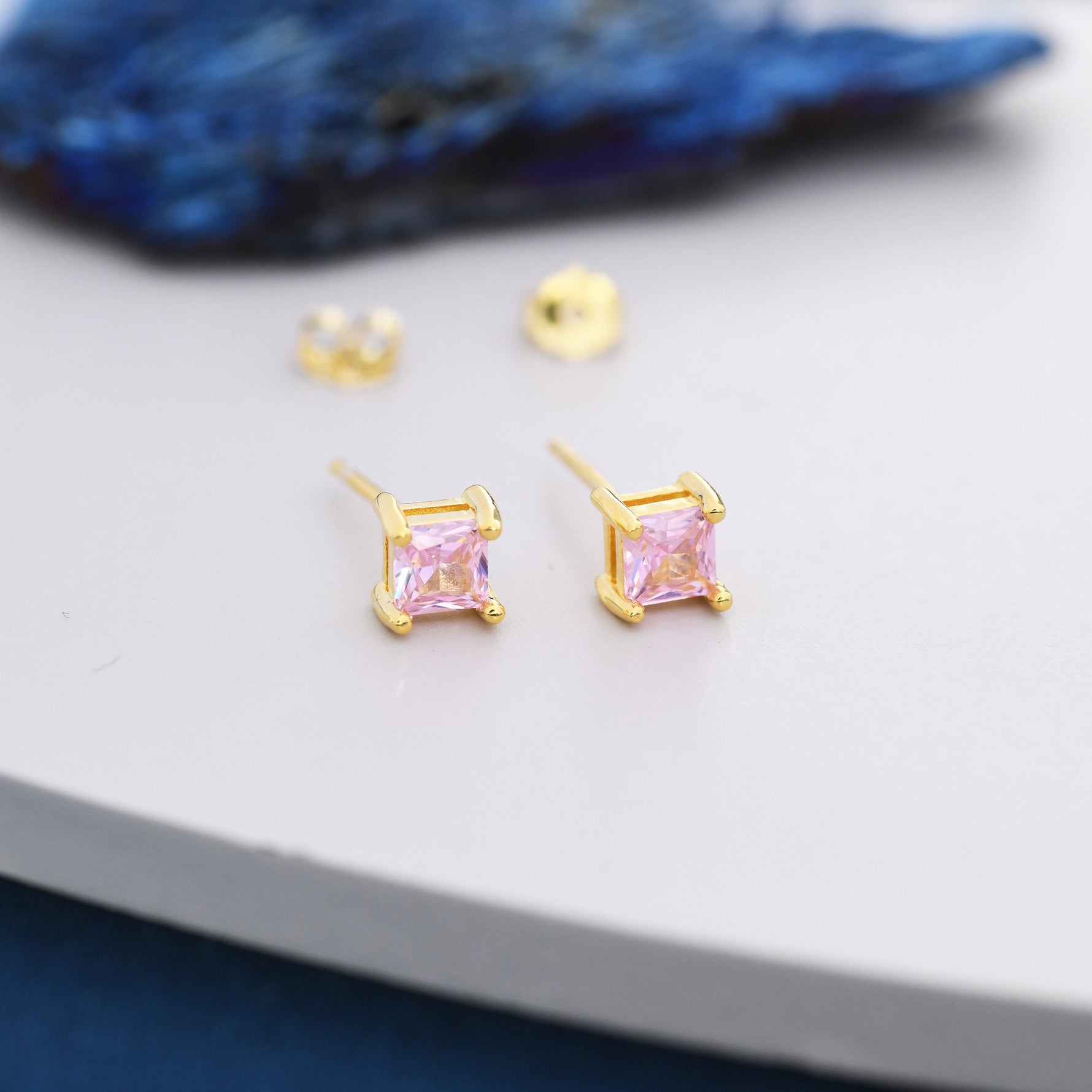 Princess Cut Tourmaline Pink Stud Earrings in Sterling Silver, Square Cut Crystal Earrings, Purple CZ, October Birthstone