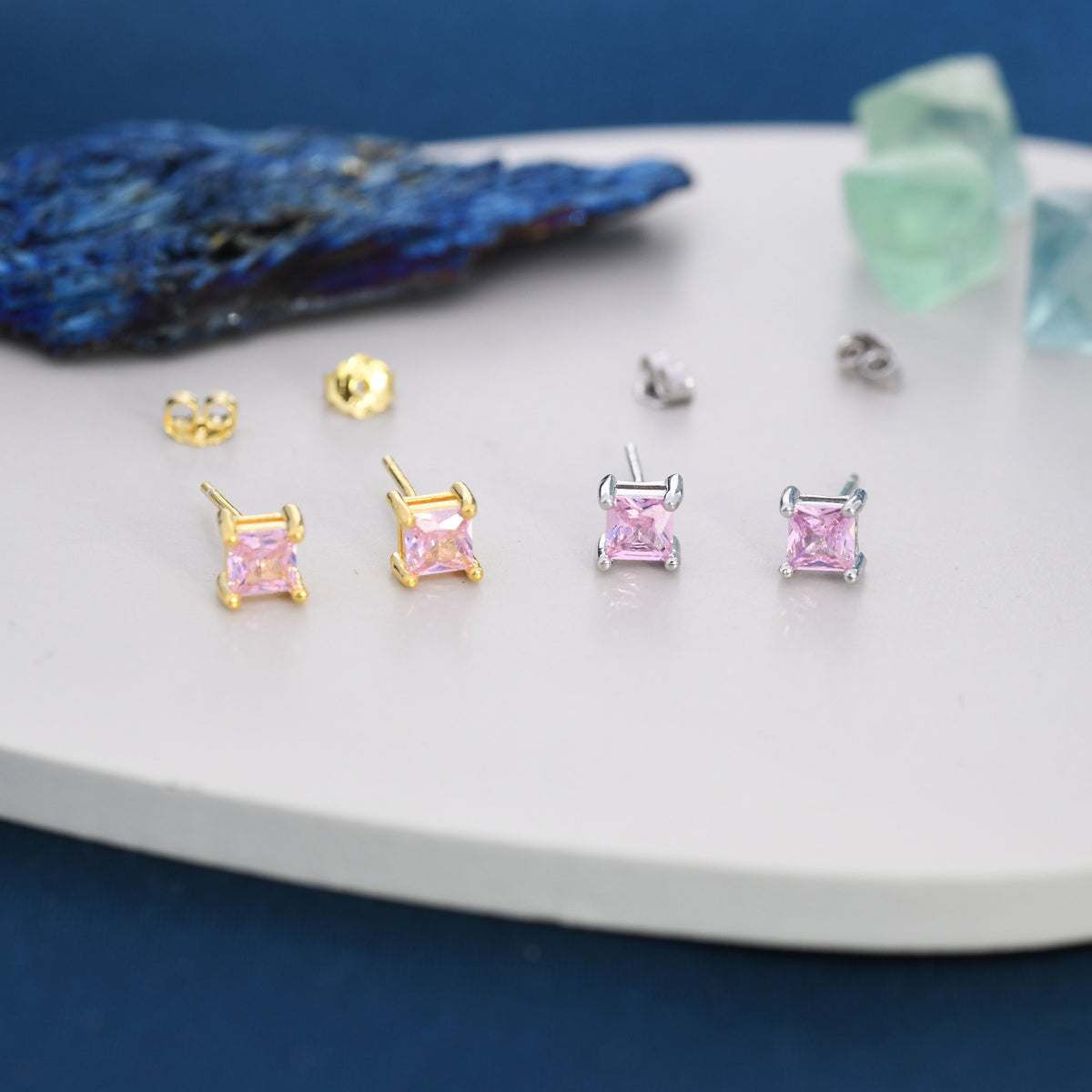 Princess Cut Tourmaline Pink Stud Earrings in Sterling Silver, Square Cut Crystal Earrings, Purple CZ, October Birthstone