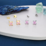 Princess Cut Tourmaline Pink Stud Earrings in Sterling Silver, Square Cut Crystal Earrings, Purple CZ, October Birthstone