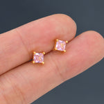 Princess Cut Tourmaline Pink Stud Earrings in Sterling Silver, Square Cut Crystal Earrings, Purple CZ, October Birthstone
