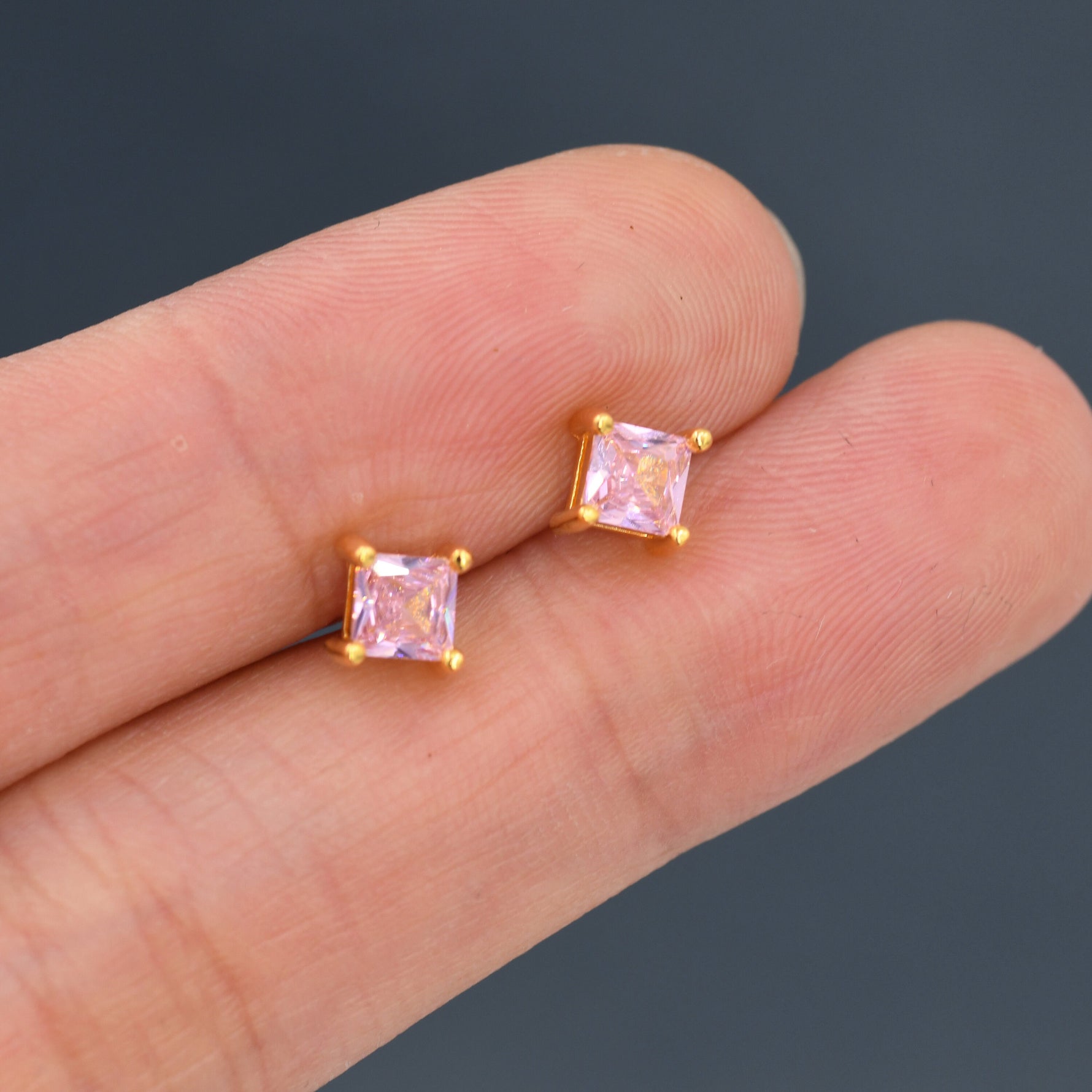 Princess Cut Tourmaline Pink Stud Earrings in Sterling Silver, Square Cut Crystal Earrings, Purple CZ, October Birthstone