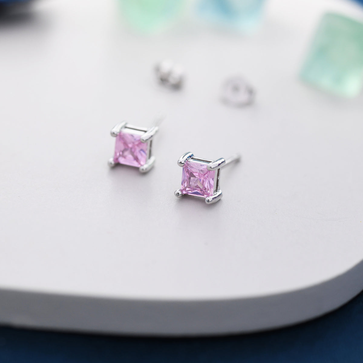 Princess Cut Tourmaline Pink Stud Earrings in Sterling Silver, Square Cut Crystal Earrings, Purple CZ, October Birthstone