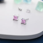 Princess Cut Tourmaline Pink Stud Earrings in Sterling Silver, Square Cut Crystal Earrings, Purple CZ, October Birthstone