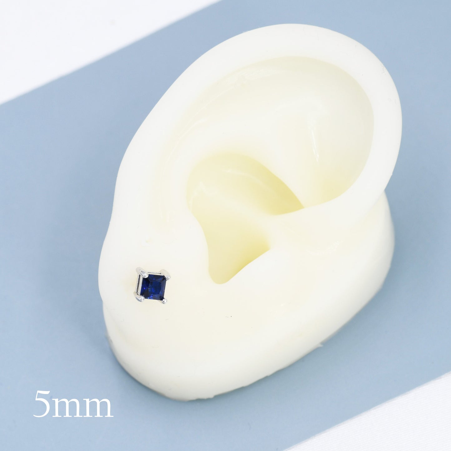 Princess Cut Dark Sapphire Blue CZ Stud Earrings in Sterling Silver, Square Cut Crystal Earrings, Purple CZ, September Birthstone