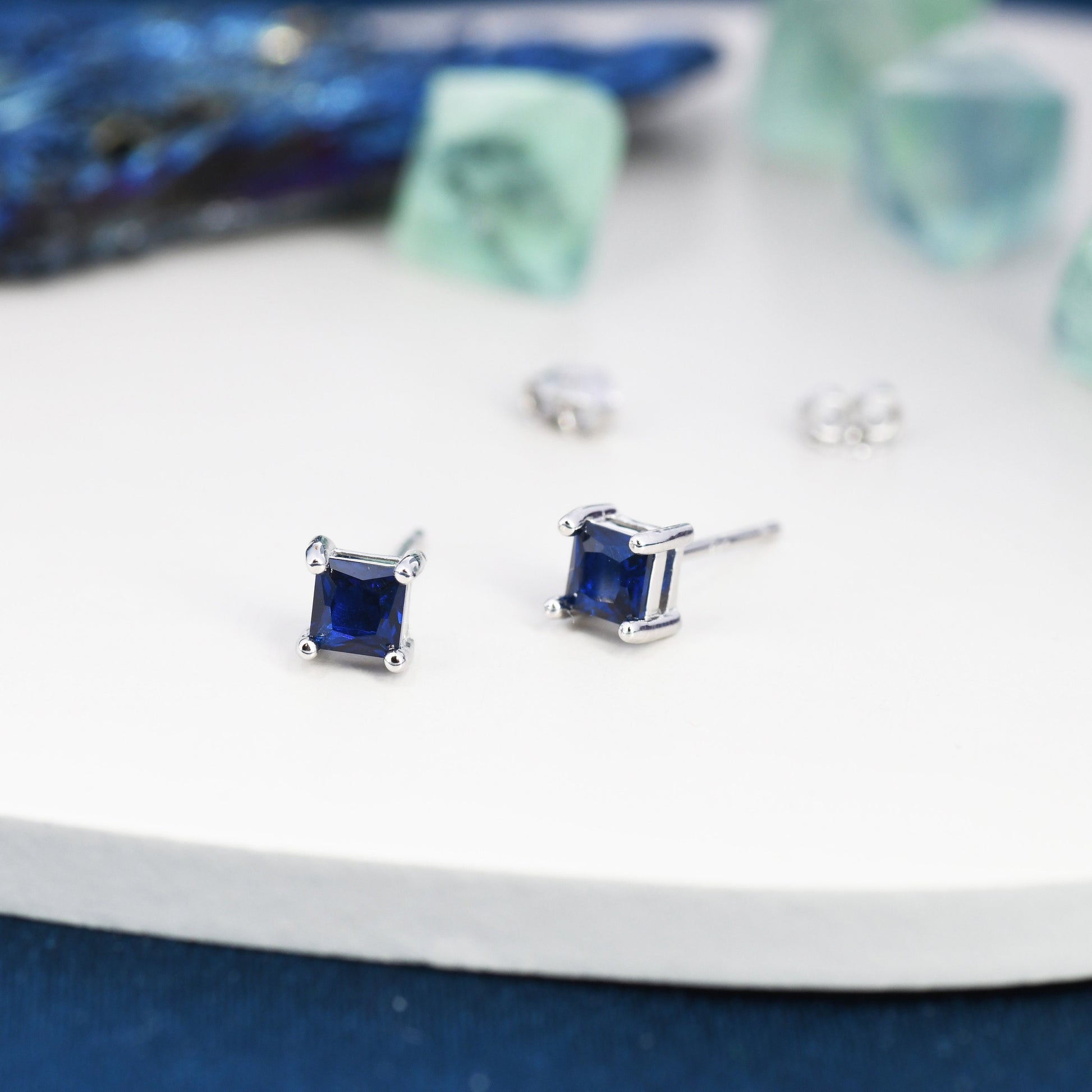 Princess Cut Dark Sapphire Blue CZ Stud Earrings in Sterling Silver, Square Cut Crystal Earrings, Purple CZ, September Birthstone