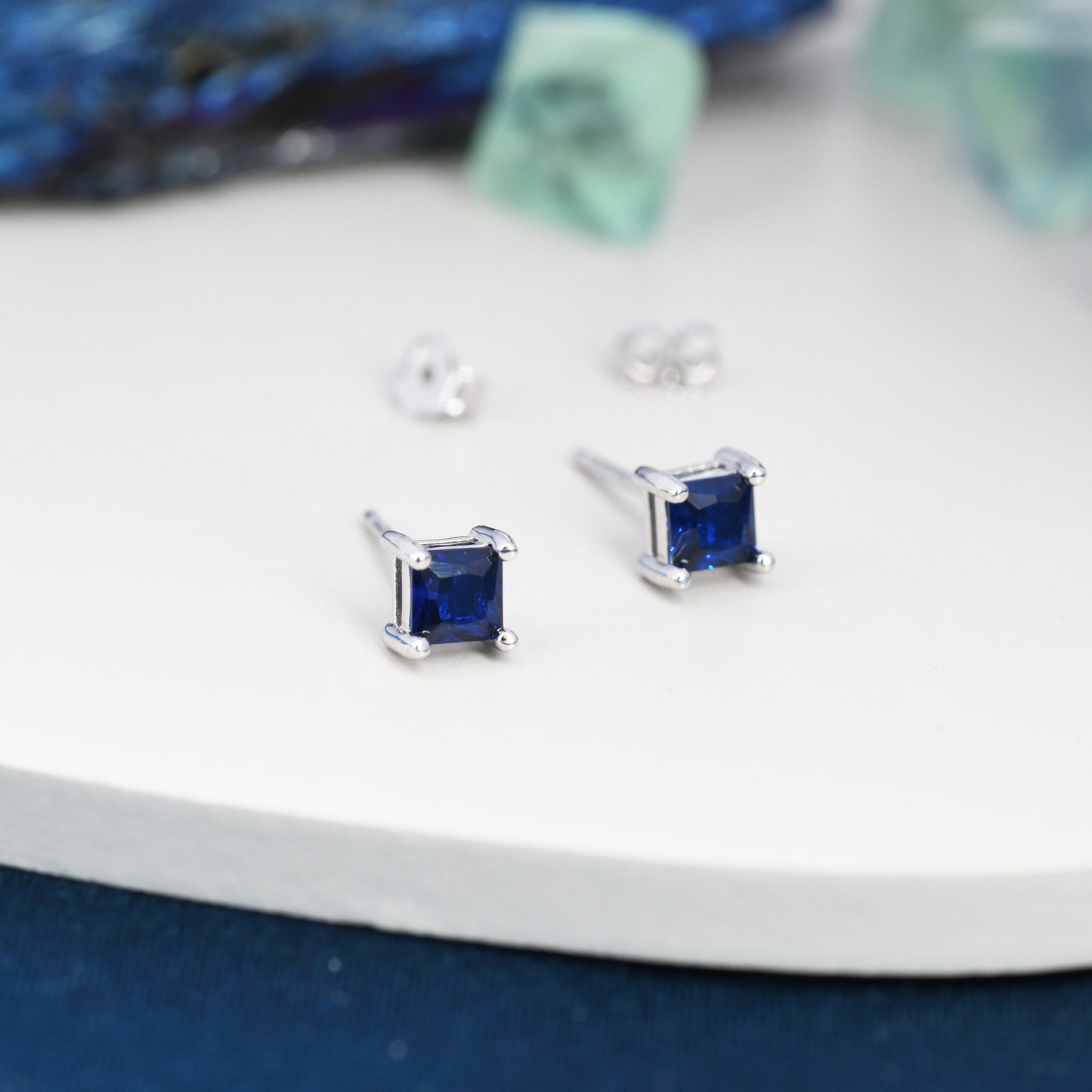 Princess Cut Dark Sapphire Blue CZ Stud Earrings in Sterling Silver, Square Cut Crystal Earrings, Purple CZ, September Birthstone