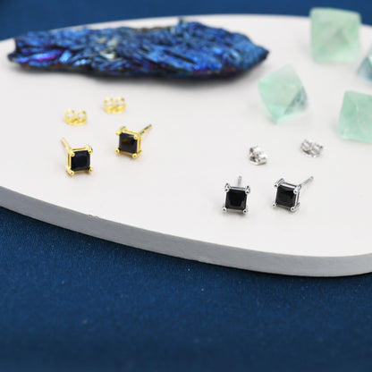 Princess Cut Black CZ Stud Earrings in Sterling Silver, Square Cut Crystal Earrings, Black Diamond