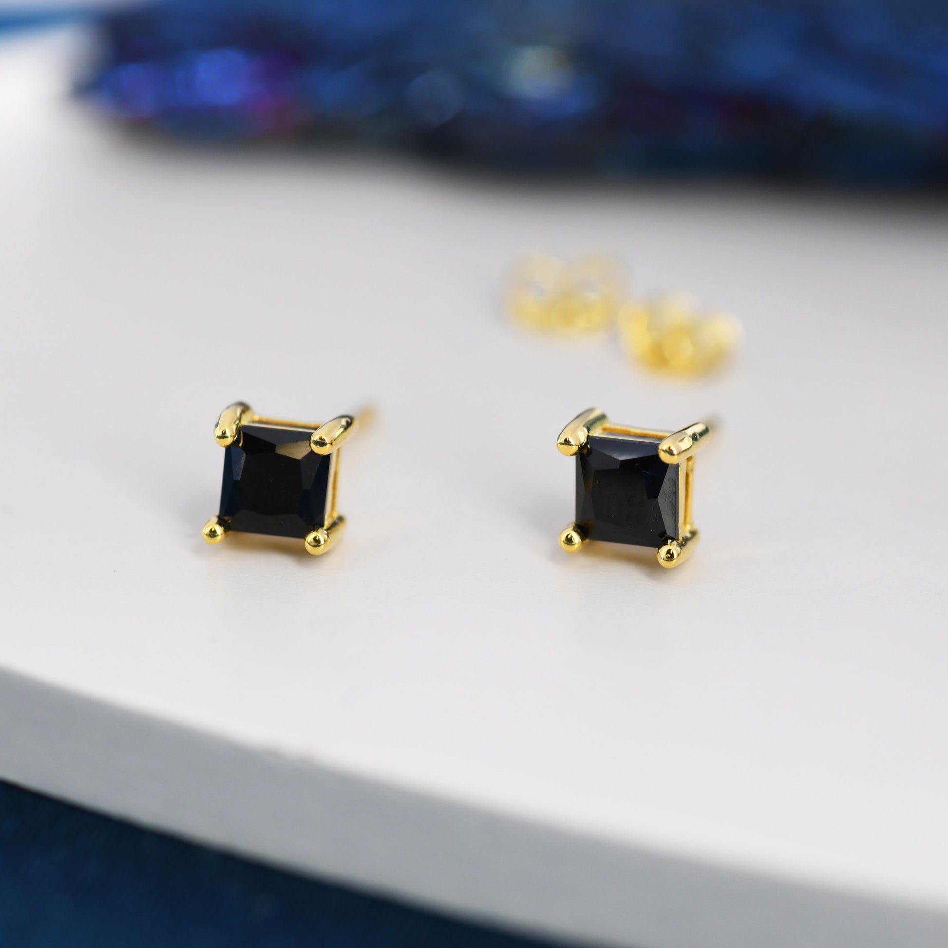 Princess Cut Black CZ Stud Earrings in Sterling Silver, Square Cut Crystal Earrings, Black Diamond