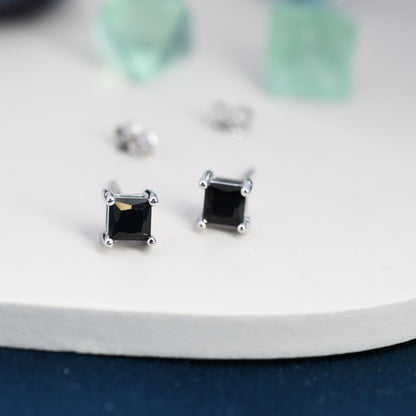 Princess Cut Black CZ Stud Earrings in Sterling Silver, Square Cut Crystal Earrings, Black Diamond