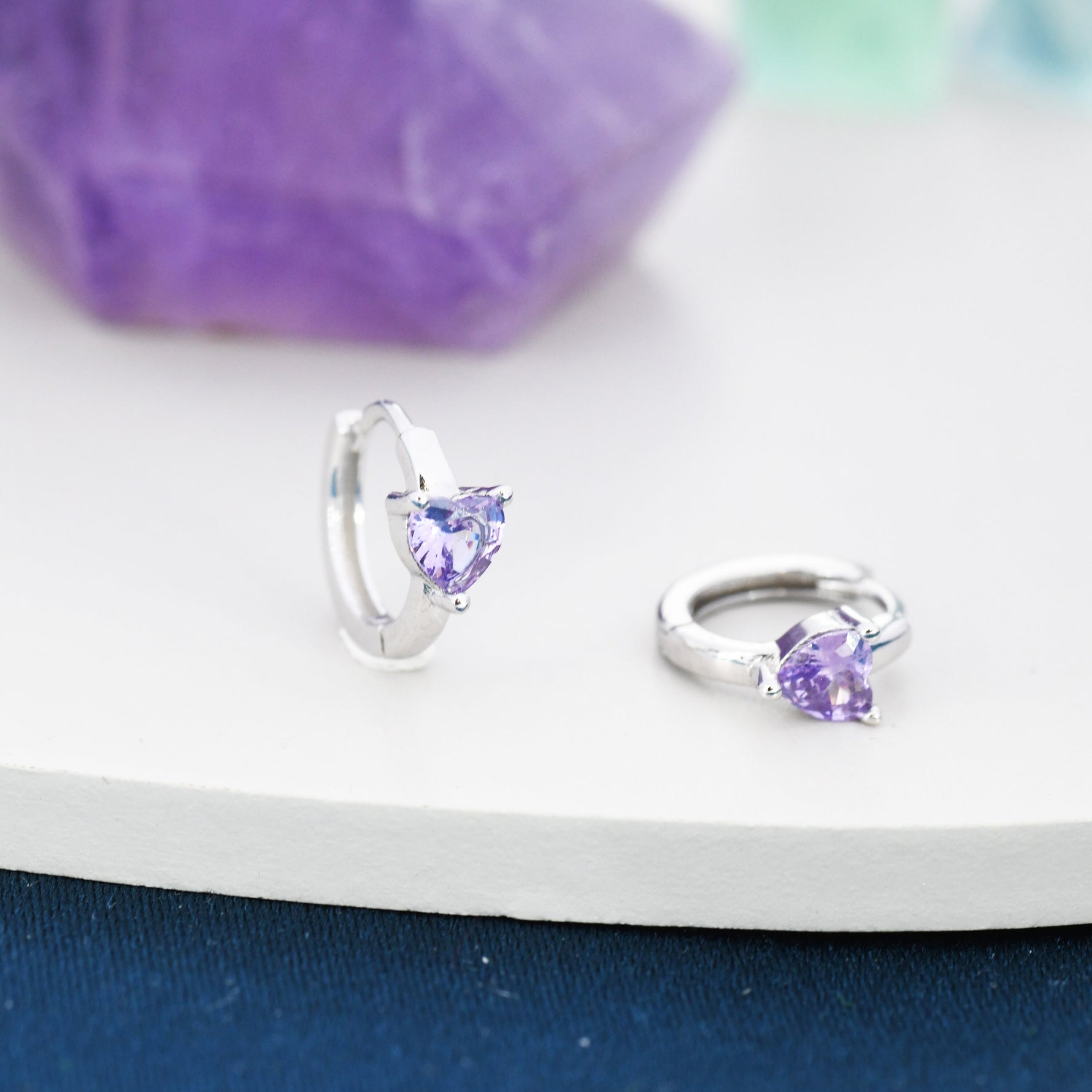 Amethyst Purple CZ Heart Huggie Hoop in Sterling Silver, Silver or Gold, 8mm Inner Diameter, Stacking Earrings