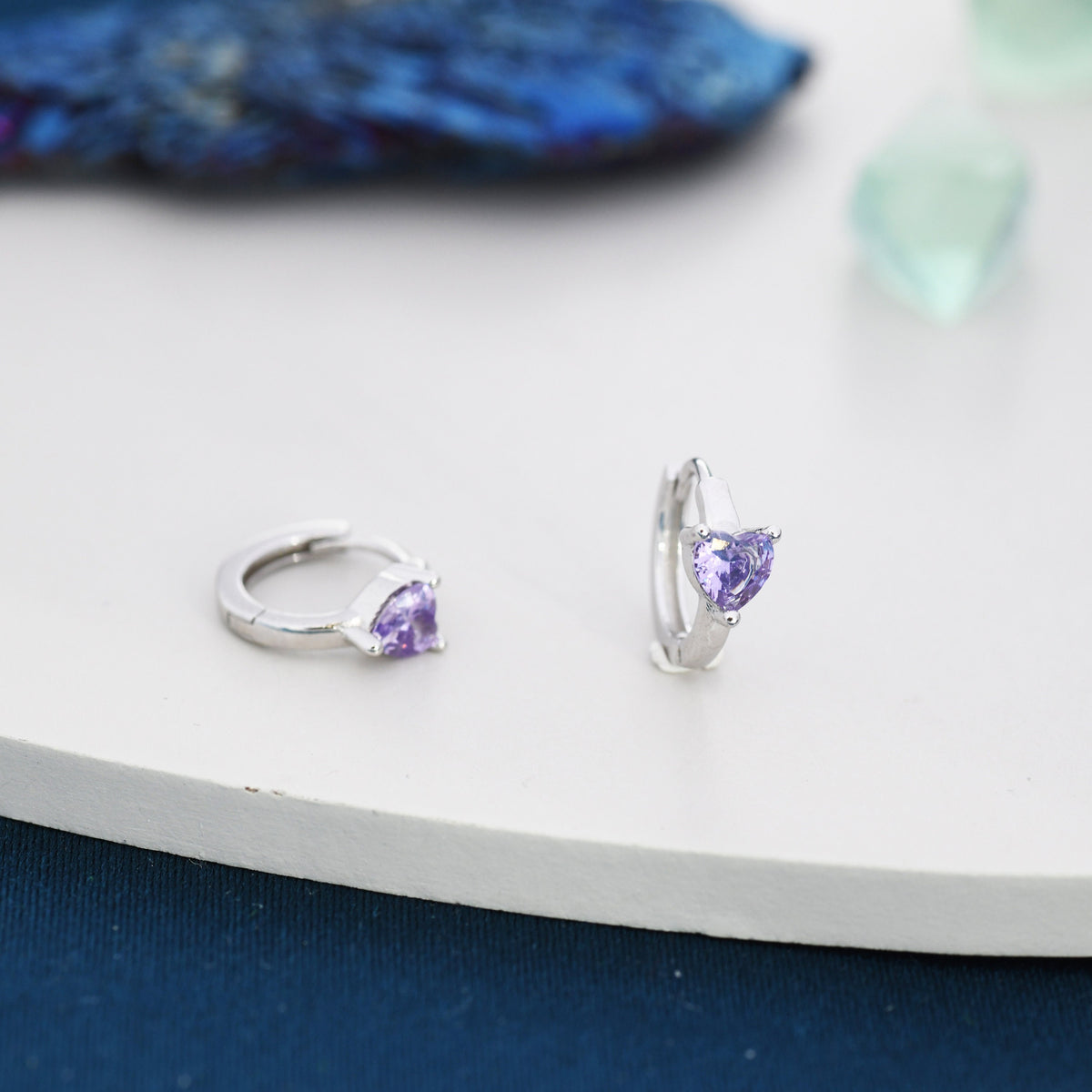 Amethyst Purple CZ Heart Huggie Hoop in Sterling Silver, Silver or Gold, 8mm Inner Diameter, Stacking Earrings