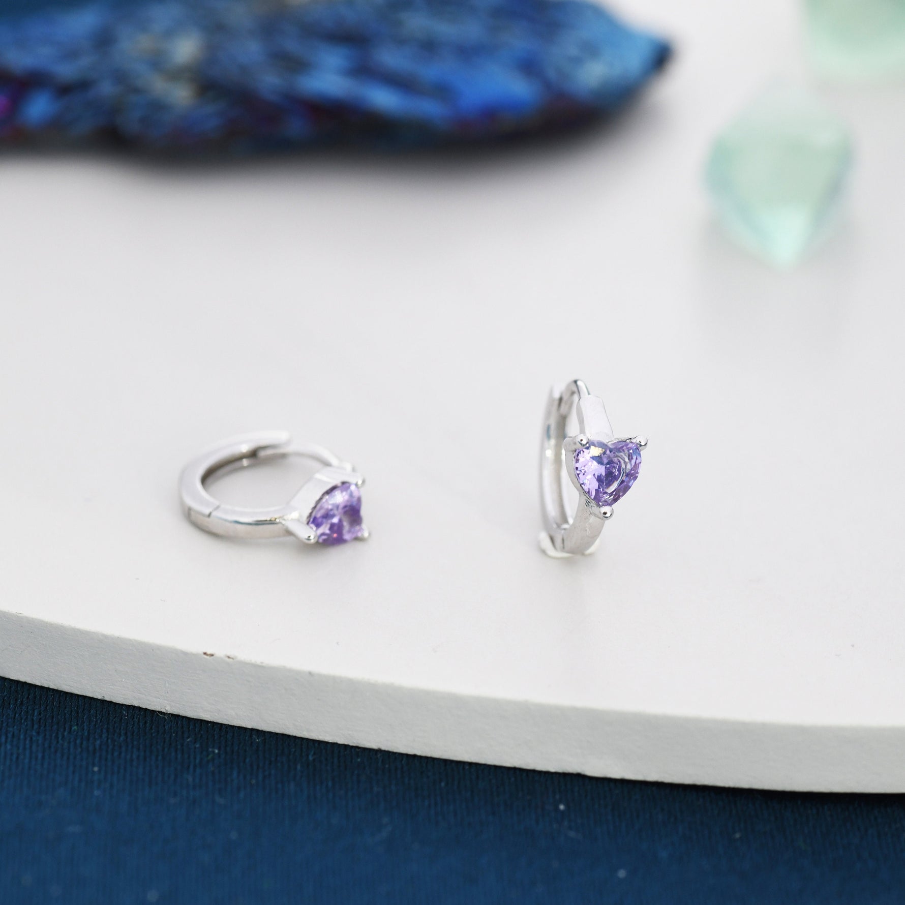 Amethyst Purple CZ Heart Huggie Hoop in Sterling Silver, Silver or Gold, 8mm Inner Diameter, Stacking Earrings