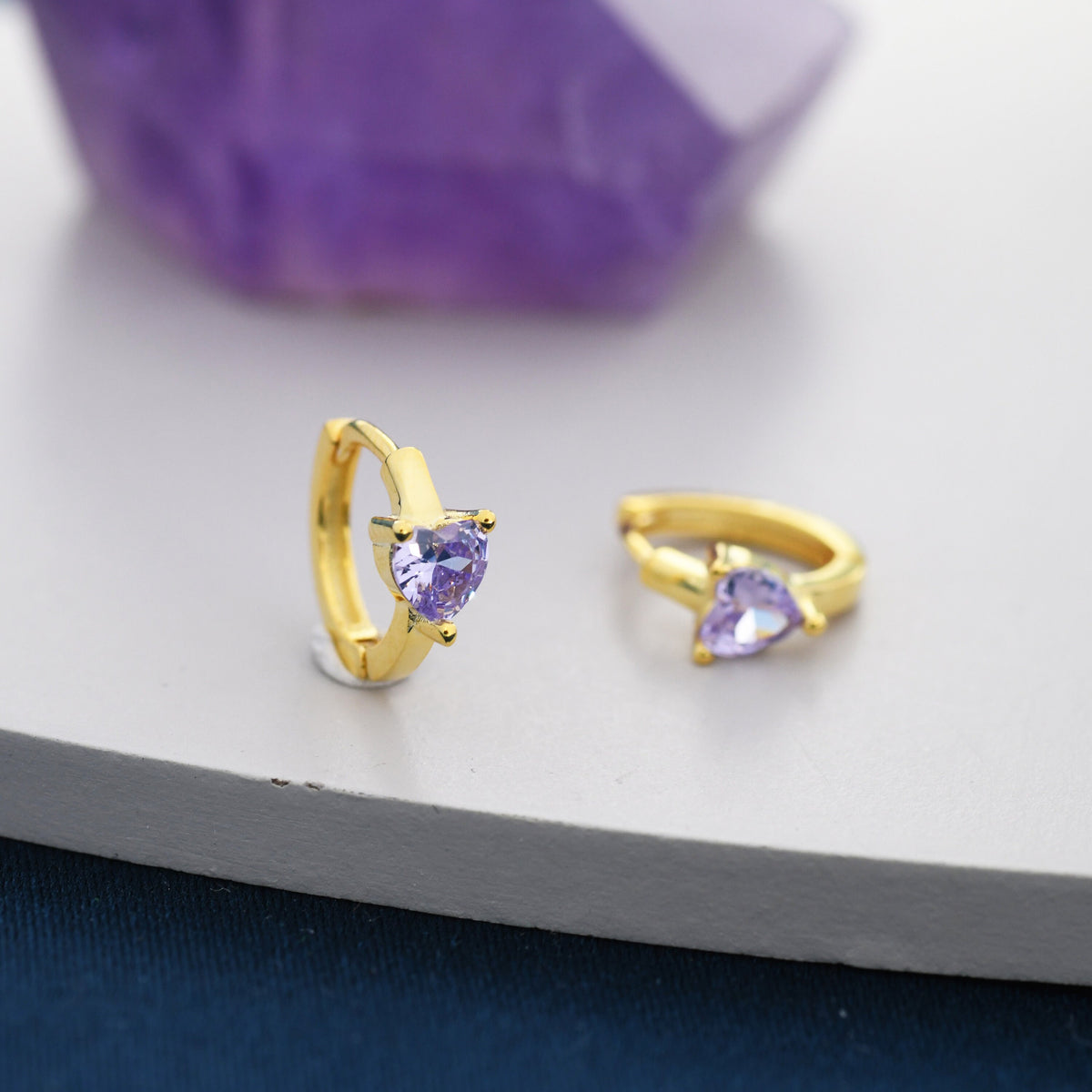 Alexandrite CZ Heart Huggie Hoop in Sterling Silver, Silver or Gold, 8mm Inner Diameter, Stacking Earrings