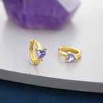 Alexandrite CZ Heart Huggie Hoop in Sterling Silver, Silver or Gold, 8mm Inner Diameter, Stacking Earrings