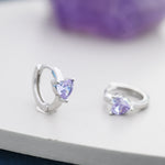Alexandrite CZ Heart Huggie Hoop in Sterling Silver, Silver or Gold, 8mm Inner Diameter, Stacking Earrings