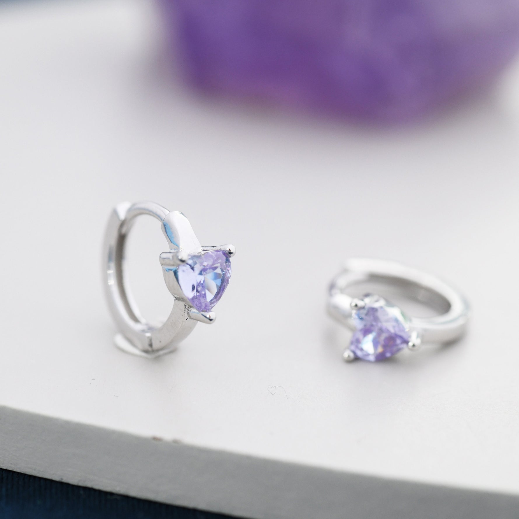 Alexandrite CZ Heart Huggie Hoop in Sterling Silver, Silver or Gold, 8mm Inner Diameter, Stacking Earrings