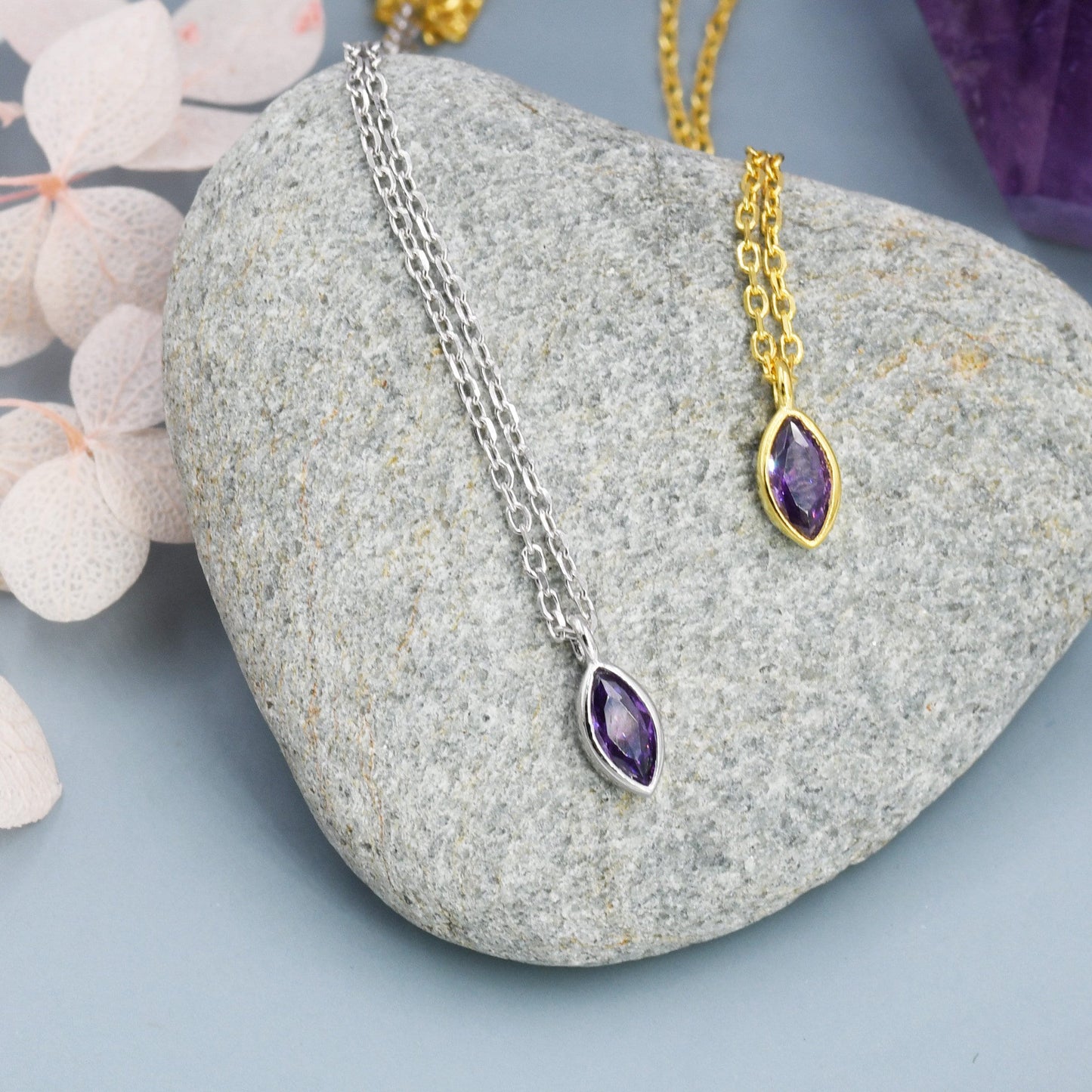 Extra Tiny Amethyst Purple Marquise CZ Necklace in Sterling Silver, Silver or Gold, Single Marquise Necklace