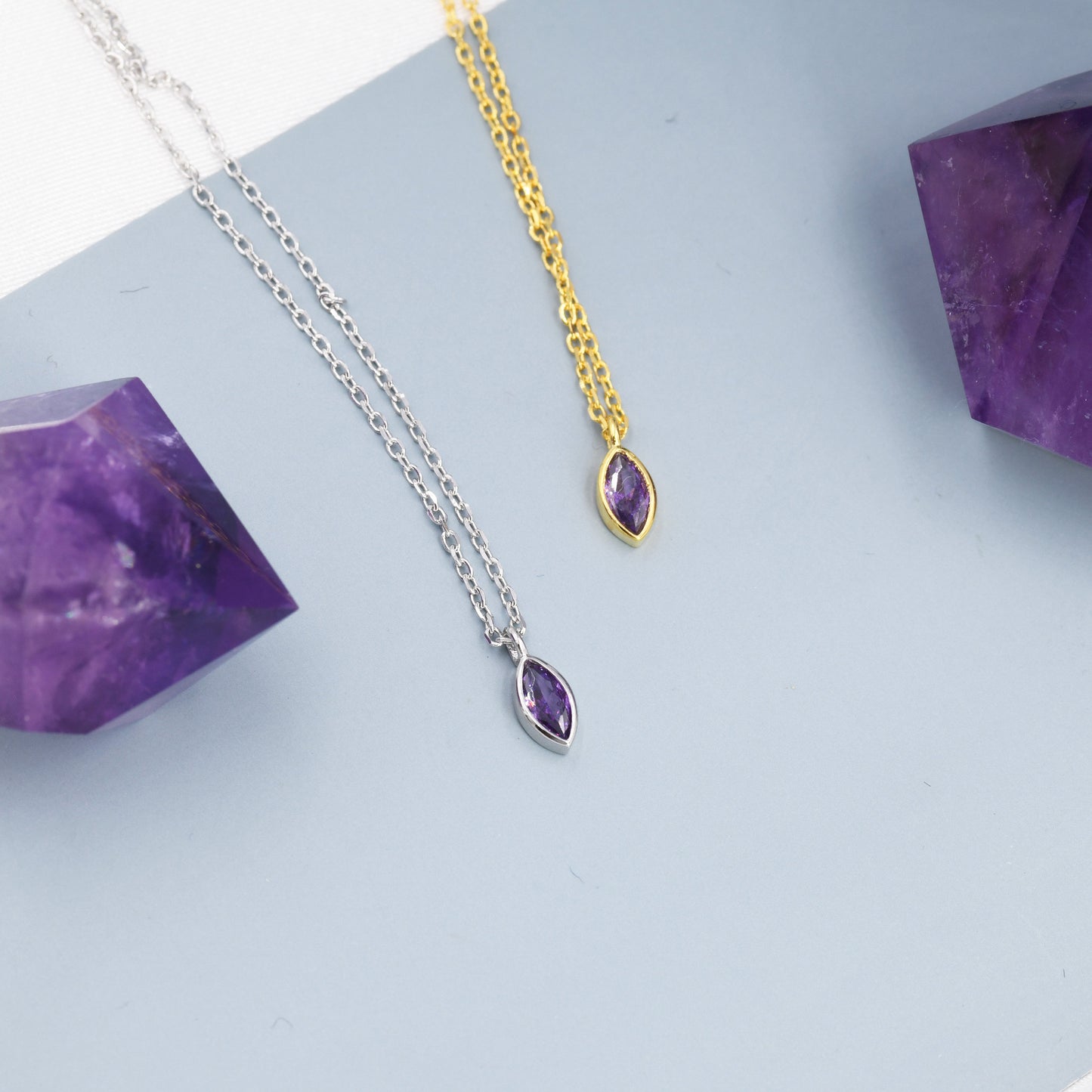 Extra Tiny Amethyst Purple Marquise CZ Necklace in Sterling Silver, Silver or Gold, Single Marquise Necklace