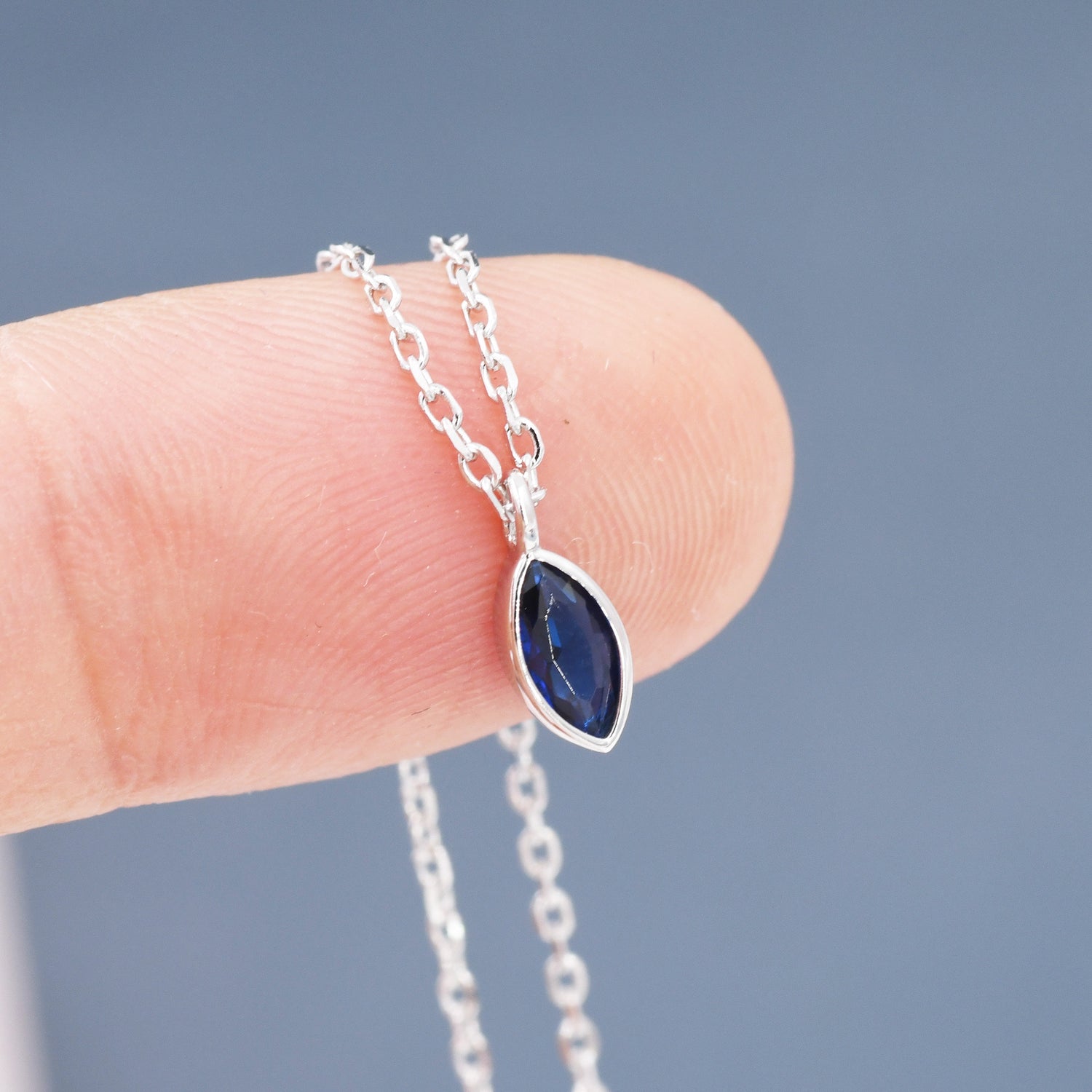 Extra Tiny Sapphire Blue Marquise CZ Necklace in Sterling Silver, Silver or Gold, Single Marquise Necklace, Diamond CZ, September Birthstone
