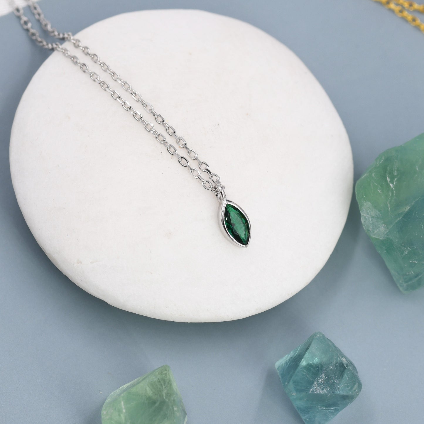 Extra Tiny Emerald Green Marquise CZ Necklace in Sterling Silver, Silver or Gold, Single Marquise Necklace, Diamond CZ, May Birthstone