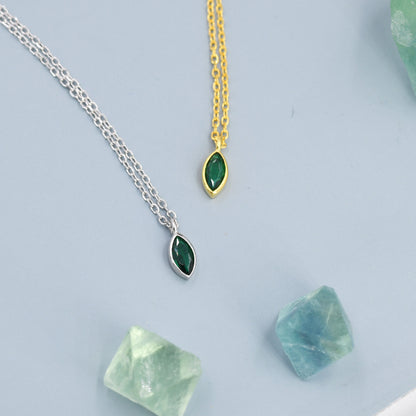 Extra Tiny Emerald Green Marquise CZ Necklace in Sterling Silver, Silver or Gold, Single Marquise Necklace, Diamond CZ, May Birthstone