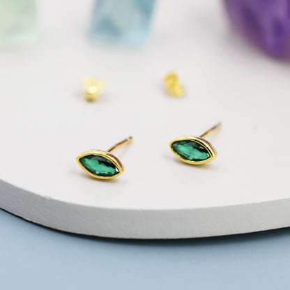 Emerald Green CZ Stud Earrings in Sterling Silver, Silver or Gold, Marquise Crystal Earrings, May Birthstone