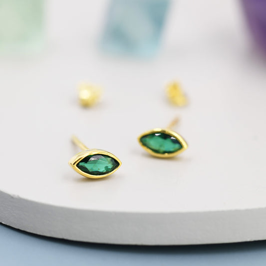 Emerald Green CZ Stud Earrings in Sterling Silver, Silver or Gold, Marquise Crystal Earrings, May Birthstone