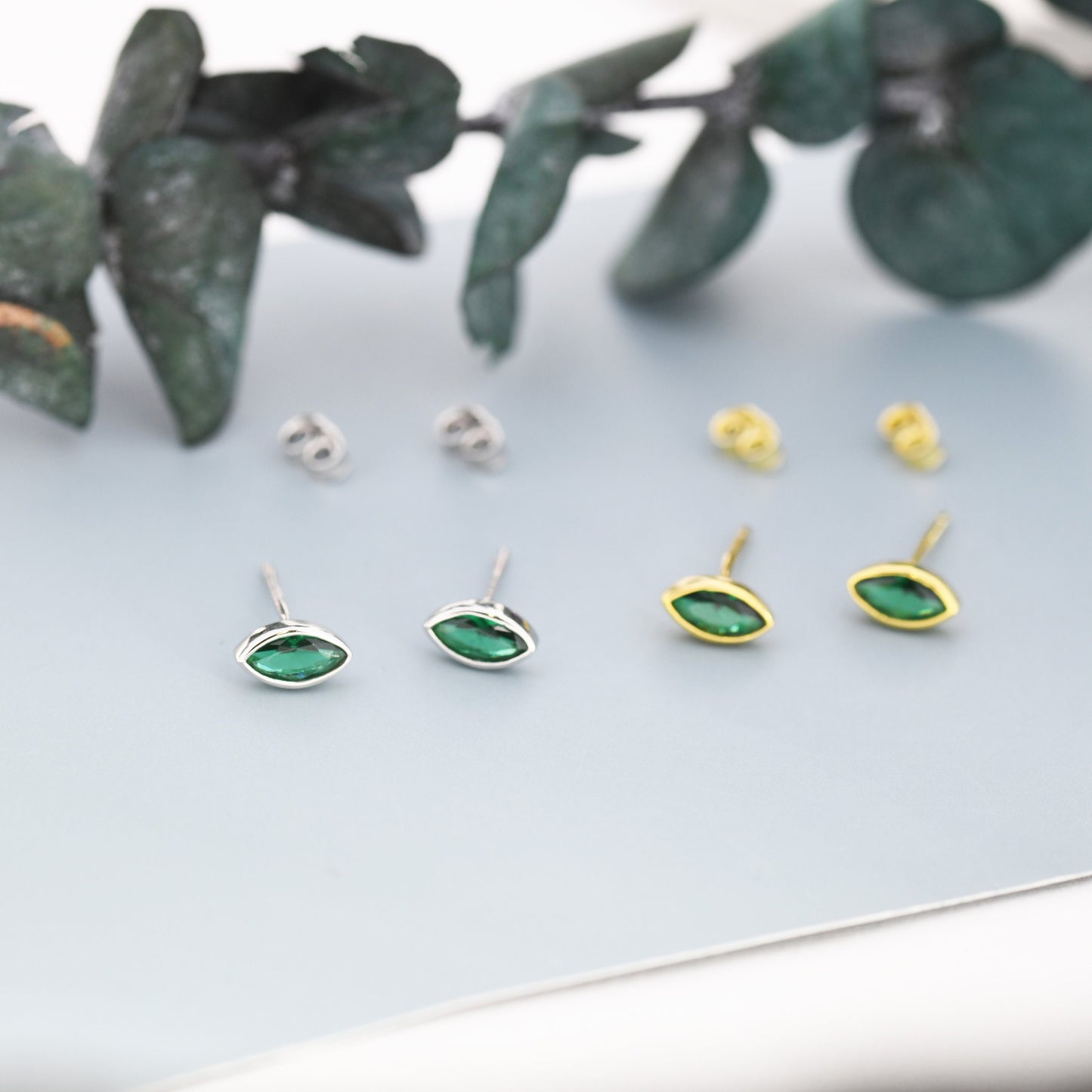 Emerald Green CZ Stud Earrings in Sterling Silver, Silver or Gold, Marquise Crystal Earrings, May Birthstone