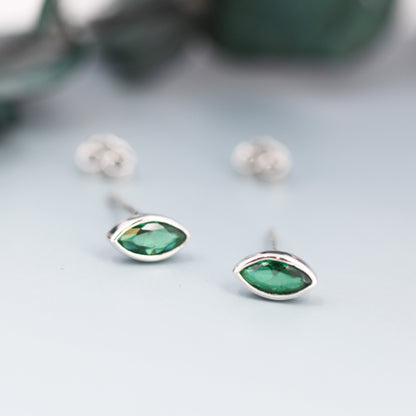 Emerald Green CZ Stud Earrings in Sterling Silver, Silver or Gold, Marquise Crystal Earrings, May Birthstone