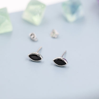 Black CZ Stud Earrings in Sterling Silver, Silver or Gold, Black Diamond Marquise Crystal Earrings