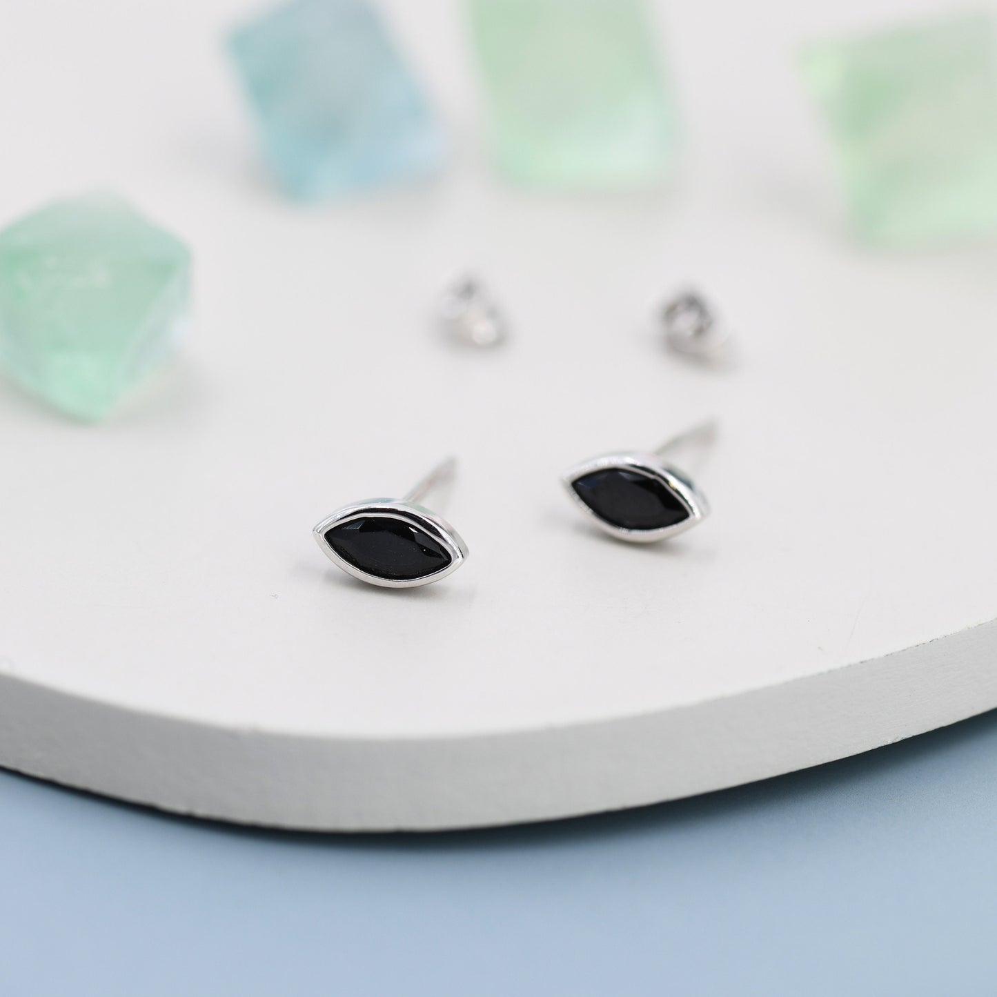 Black CZ Stud Earrings in Sterling Silver, Silver or Gold, Black Diamond Marquise Crystal Earrings