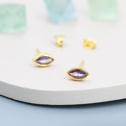 Marquise Amethyst Purple CZ Stud Earrings in Sterling Silver, Silver or Gold, Marquise Crystal Earrings, Purple CZ, February Birthstone