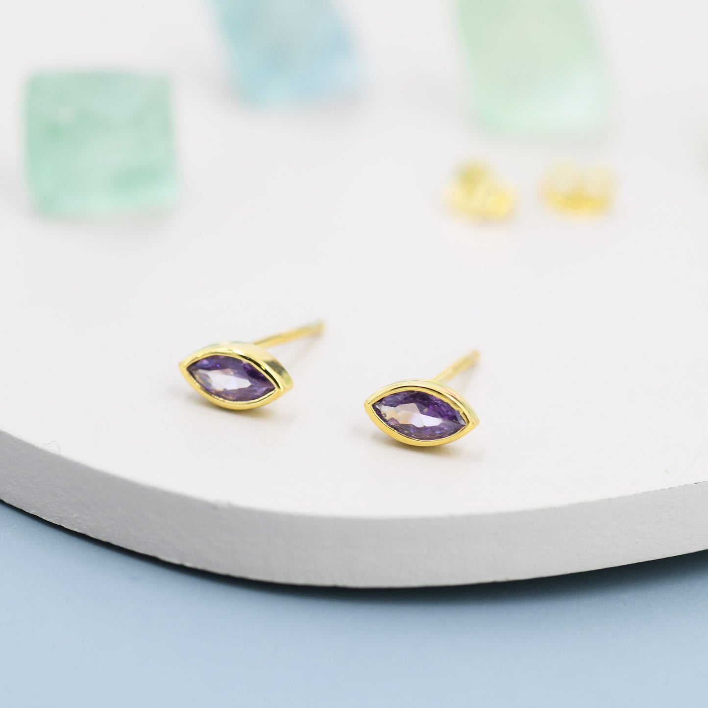 Marquise Amethyst Purple CZ Stud Earrings in Sterling Silver, Silver or Gold, Marquise Crystal Earrings, Purple CZ, February Birthstone