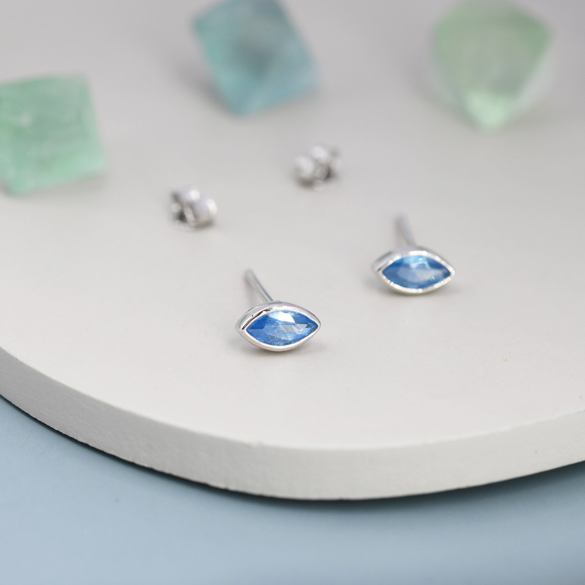 Marquise Aquamarine Blue CZ Stud Earrings in Sterling Silver, Marquise Crystal Earrings, Blue Stud, March Birthstone