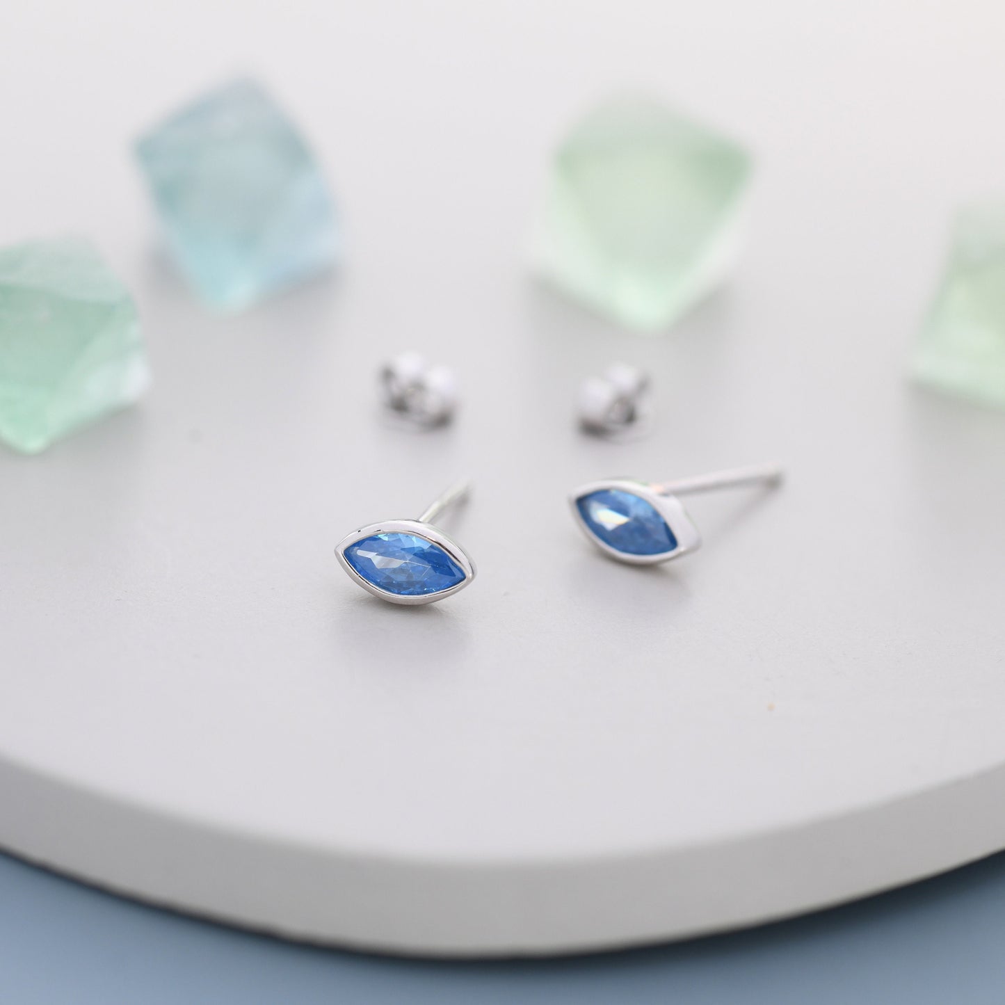 Marquise Aquamarine Blue CZ Stud Earrings in Sterling Silver, Marquise Crystal Earrings, Blue Stud, March Birthstone