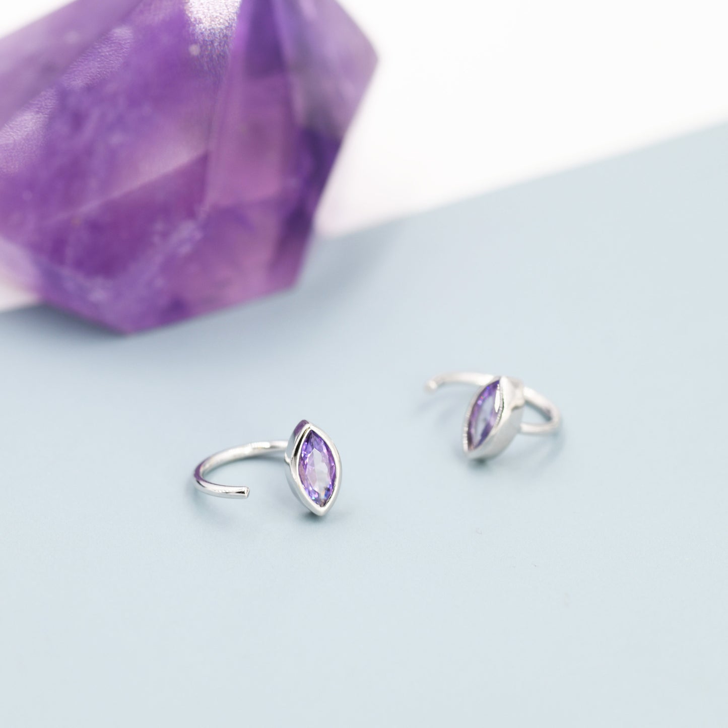 Marquise Amethyst Purple CZ Huggie Hoops in Sterling Silver, Marquise Crystal Open Threader Earrings, Half Hoops, February Birthstone