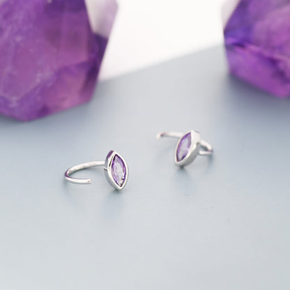 Marquise Amethyst Purple CZ Huggie Hoops in Sterling Silver, Marquise Crystal Open Threader Earrings, Half Hoops, February Birthstone