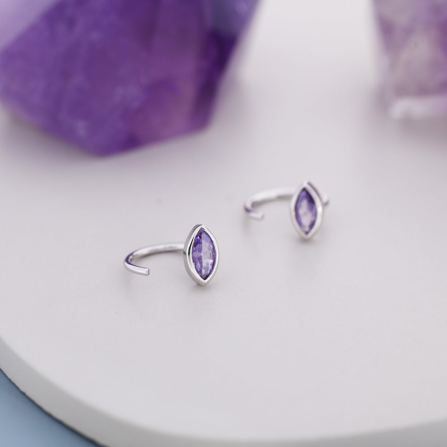 Marquise Amethyst Purple CZ Huggie Hoops in Sterling Silver, Marquise Crystal Open Threader Earrings, Half Hoops, February Birthstone