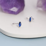 Marquise Sapphire Blue CZ Huggie Hoops in Sterling Silver, Marquise Crystal Open Threader Earrings, Half Hoops, September Birthstone