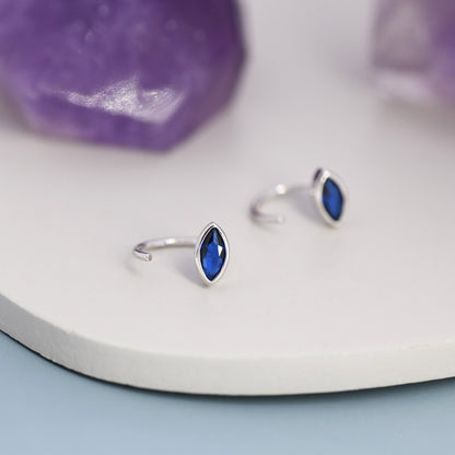 Marquise Sapphire Blue CZ Huggie Hoops in Sterling Silver, Marquise Crystal Open Threader Earrings, Half Hoops, September Birthstone