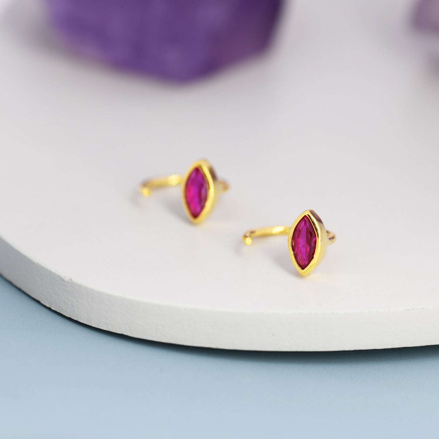 Marquise Ruby Pink CZ Huggie Hoops in Sterling Silver, Marquise Crystal Open Threader Earrings, Half Hoops, July Birthstone