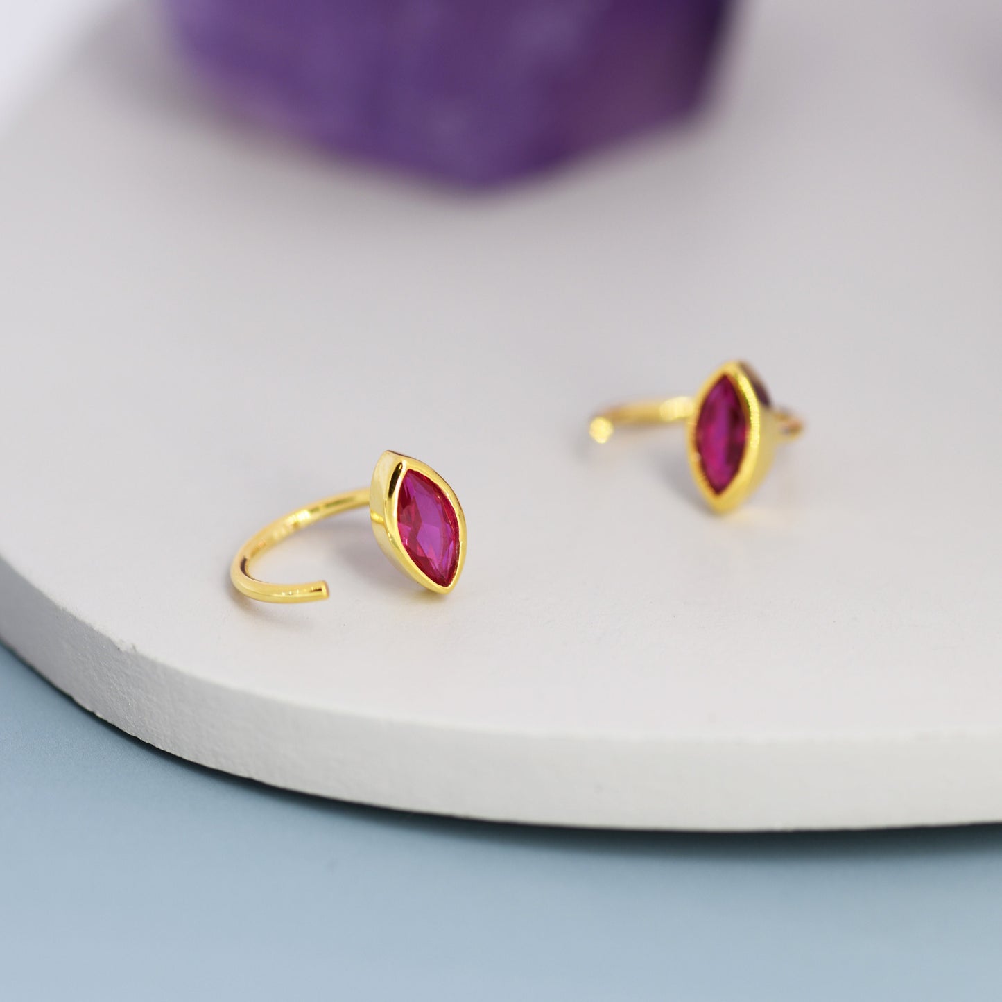 Marquise Ruby Pink CZ Huggie Hoops in Sterling Silver, Marquise Crystal Open Threader Earrings, Half Hoops, July Birthstone